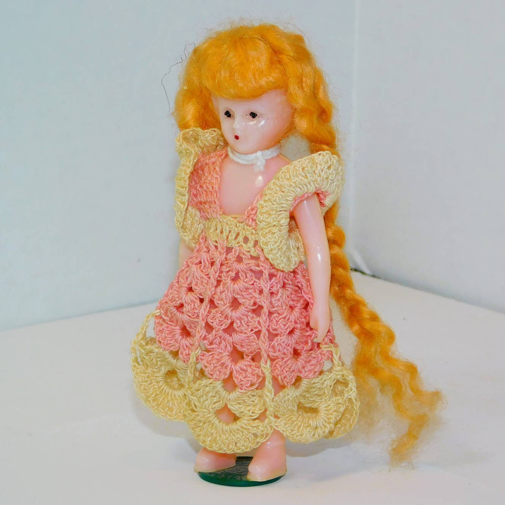 Very Old Vintage Celluloid Doll with Red Braided Hair Standing on Tax To… - Picture 5 of 9